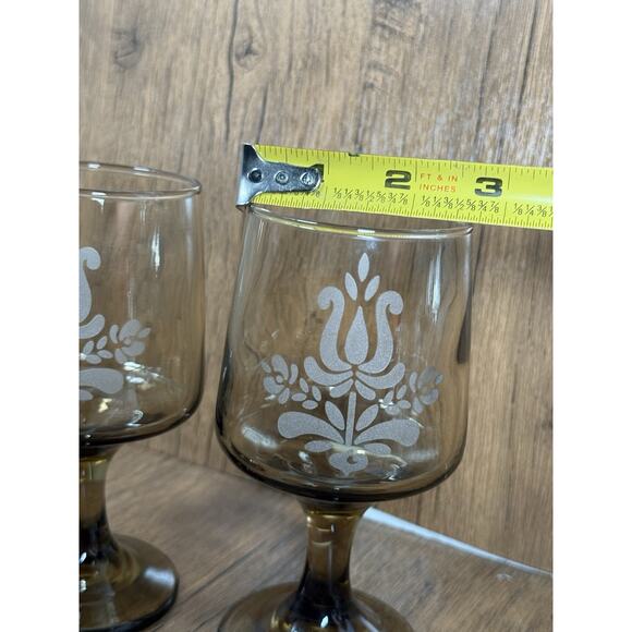 Pfaltzgraff Village Wine Glass Goblets Etched Brown Stemware 6 oz Vintage Set/2 - Picture 3 of 3